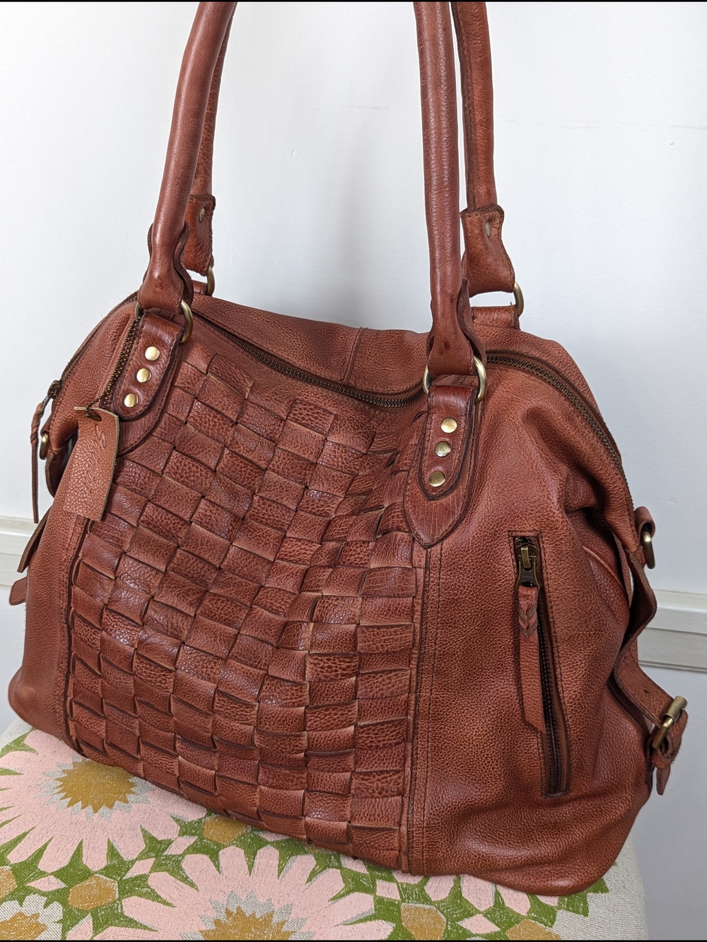 Woven Leather Shoulder Bag in Cognac - Stylish Everyday Tote